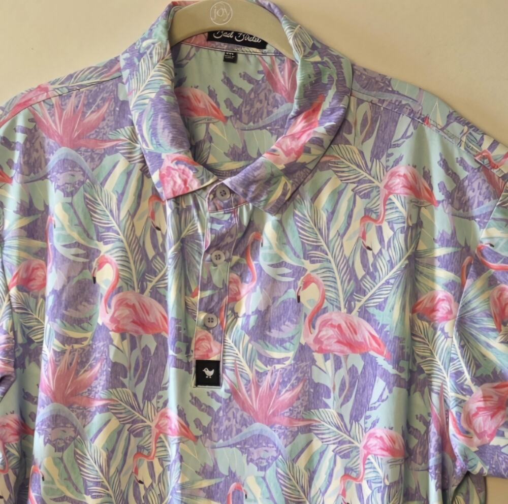 Bad Birdie Mingos Polo Shirt Sz XXL Tropical Pink Flamingo Golf Performance